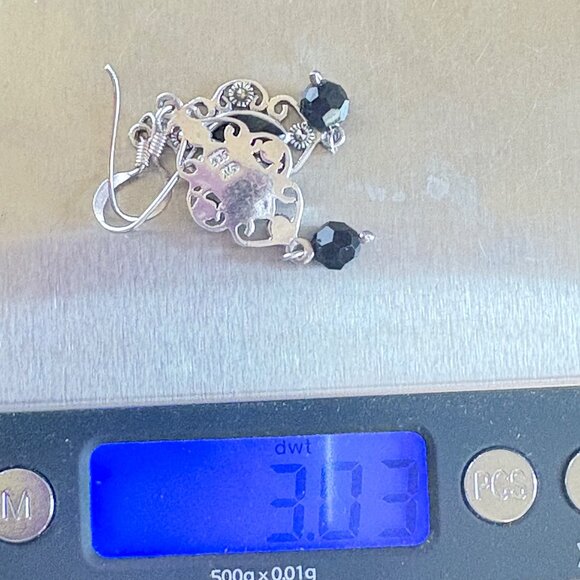 Sterling Silver 925 Black Onyx Scroll Flower Dangle Earrings Size 1.5" Length - Picture 9 of 9